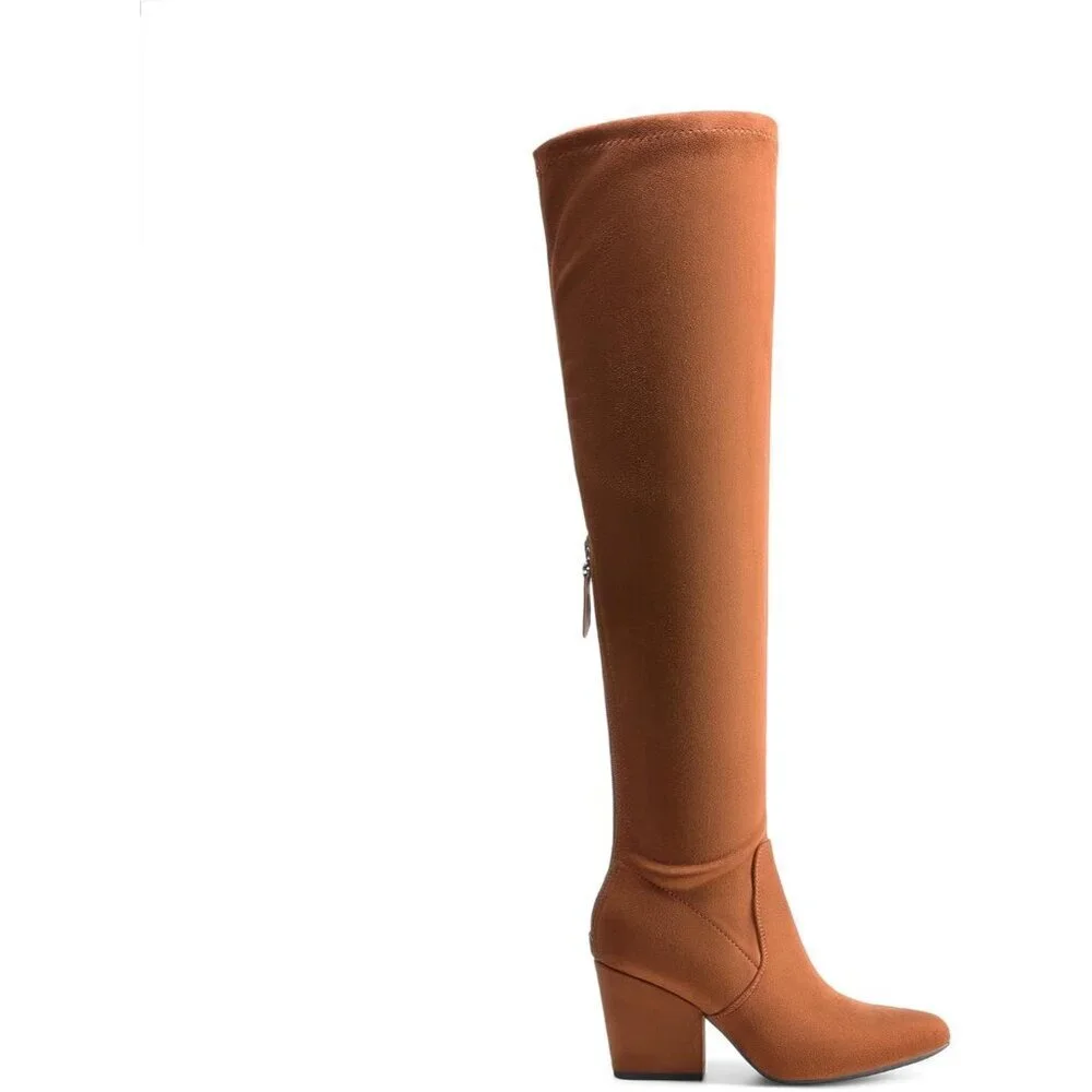 Women Faux Suede Brown Chunky Blocked Heel Thigh High Pointed Toe Fashion Boots